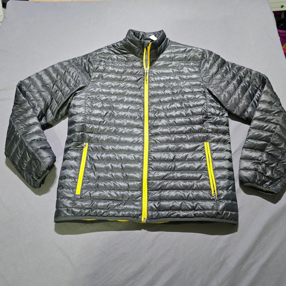 Eddie Bauer Puffer Jacket Mens M Gray Yellow Down Insulated Quilted